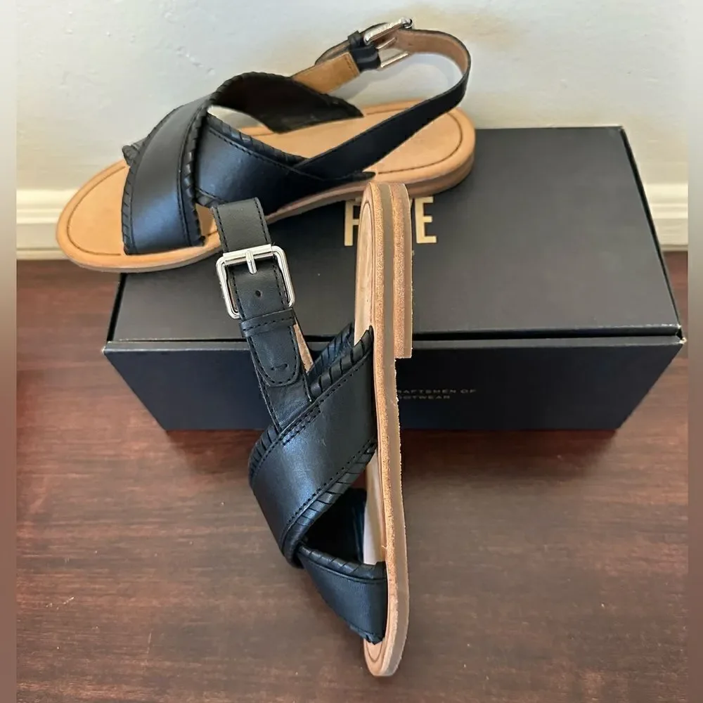 💥Frye Women’s leather feather criss cross black sandal size 7,5 NIB